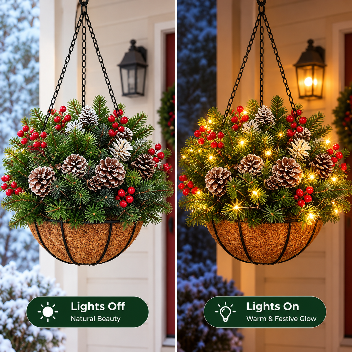 Pre-Lit Christmas Hanging Basket |🎄 Pre-lit, weather-resistant, and zero maintenance